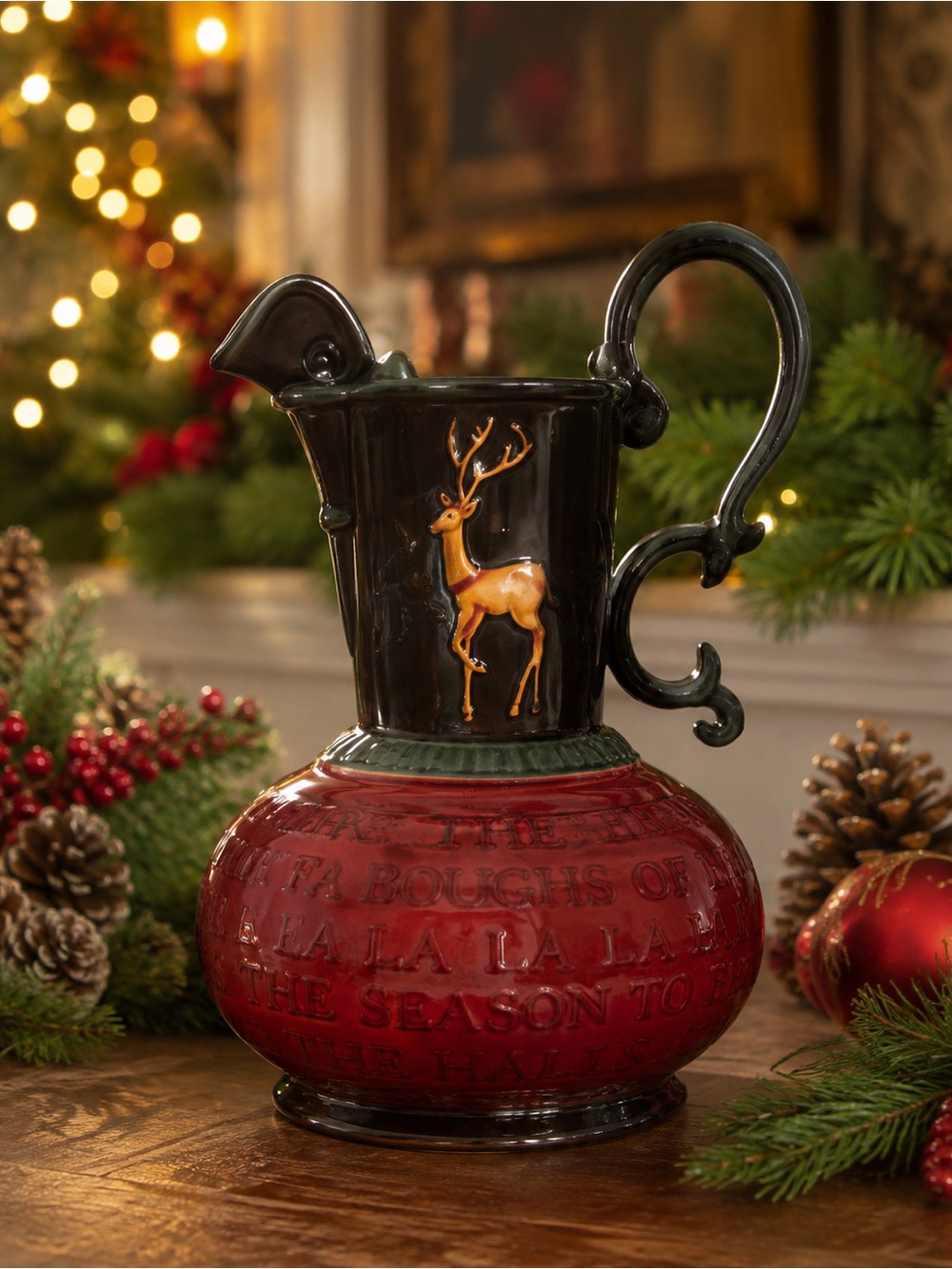 Christmas Reindeer Ceramic Pitcher Red Black Deck the Halls Holiday Decor